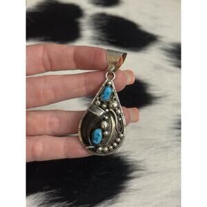 Native American Sterling Silver Blue Turquoise Feather Leaf Bear Pendant Signed